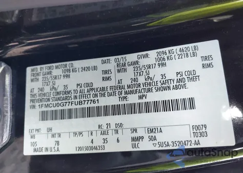 2015 Ford Escape Se from USA, damaged, VIN 1FMCU0G77FUB77761
